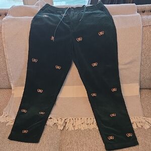 Green Corduroy Pants with Embroidered Details